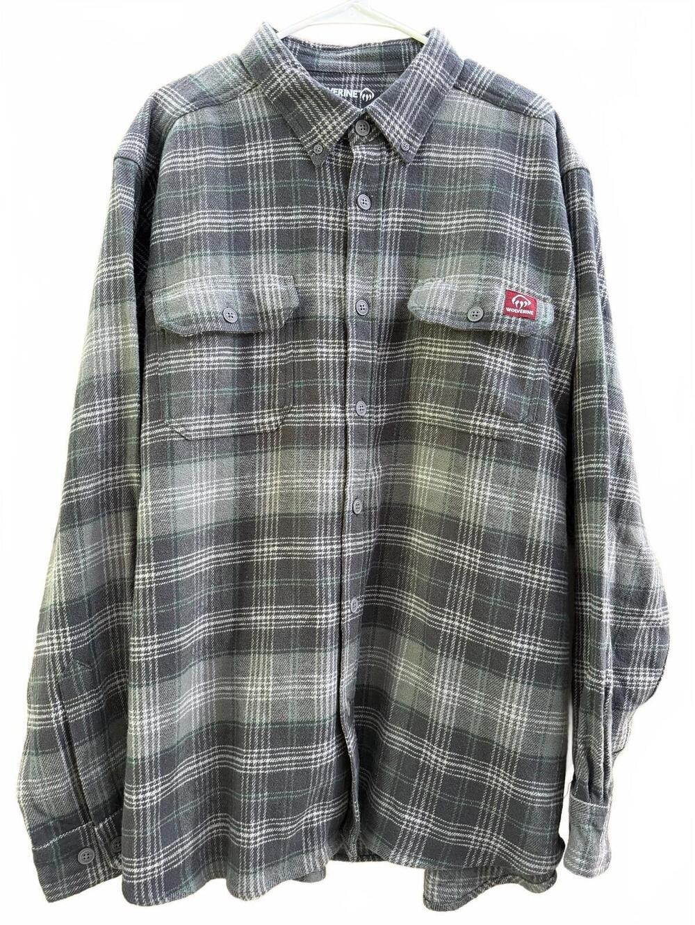 Wolverine Men’s XXL Gray‎ and Green Plaid Cotton Heavy Flannel Shirt